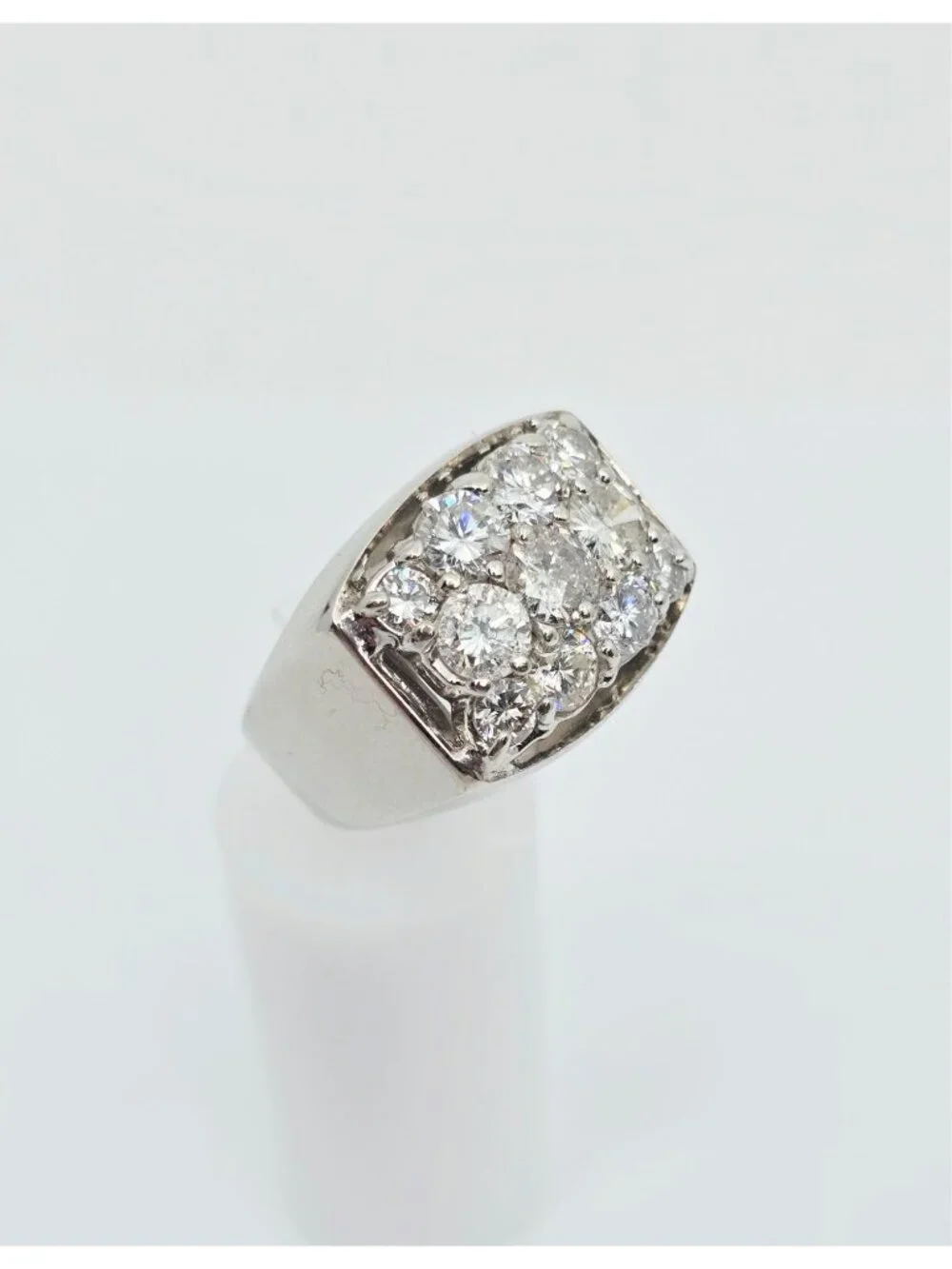 Unique 14K Karat Solid White Gold Designer Men's Diamond Cluster Ring - Size 10